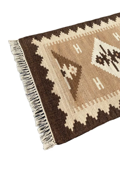 El Dokuma Dekoratif Kilim 64x90 Kahve Krem %100 Yün Kök Boya Kilim - Resim 2