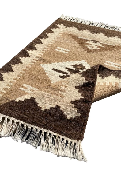 El Dokuma Dekoratif Kilim 64x90 Kahve Krem %100 Yün Kök Boya Kilim - Resim 7