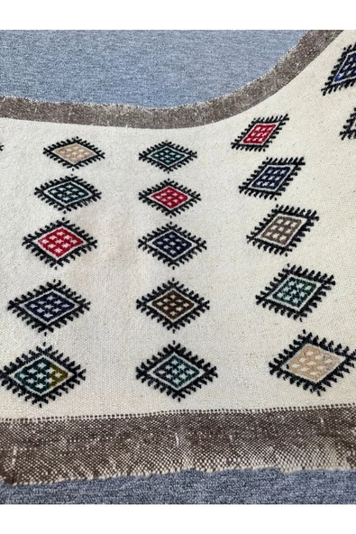 El Dokuma 66x107 Baklava Dilimli Dekoratif Pamuk Yün Kilim ! - 6