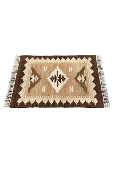 El Dokuma Dekoratif Kilim 64x90 Kahve Krem %100 Yün Kök Boya Kilim - Resim 5