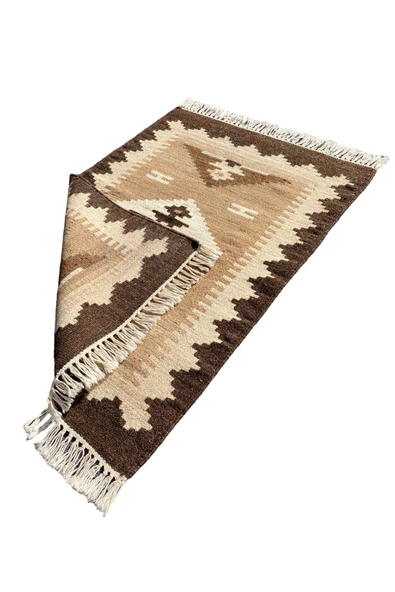 El Dokuma Dekoratif Kilim 64x90 Kahve Krem %100 Yün Kök Boya Kilim - Resim 8
