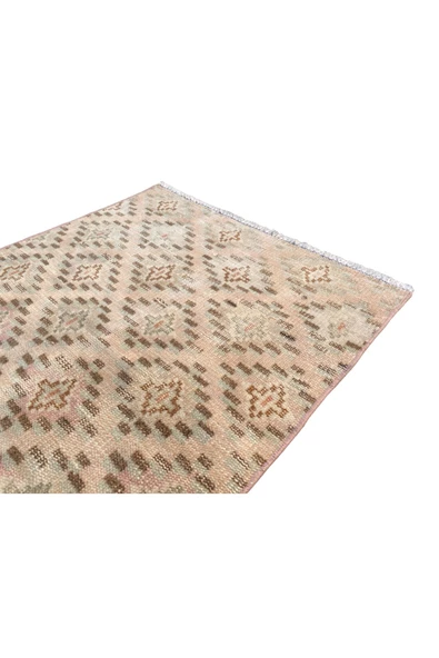 EL DOKUMA ESKİTME KÜÇÜK HALI 70X130 KREM PEMBE %100 YÜN HALI - Resim 7