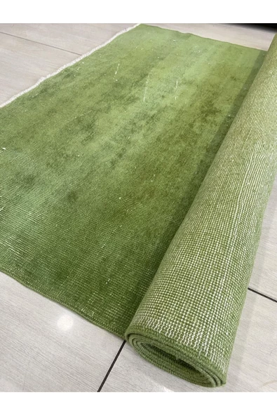 El Dokuma Düz Yeşil Eskitme Halı 120x223 Fıstık Yeşili Yün Halı - 7