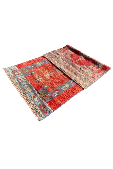 EL DOKUMASI ESKİTME SECCADE 70X150 KIRMIZI MAVİ %100 YÜN NAMAZLIK ! - 7