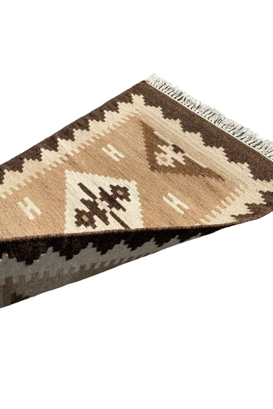 El Dokuma Dekoratif Kilim 64x90 Kahve Krem %100 Yün Kök Boya Kilim - Resim 6