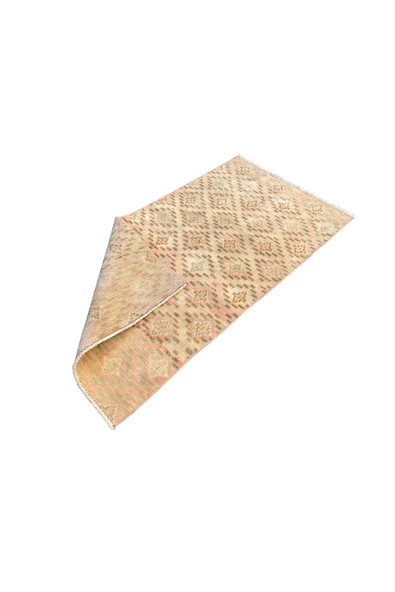 EL DOKUMA ESKİTME KÜÇÜK HALI 70X130 KREM PEMBE %100 YÜN HALI - Resim 6