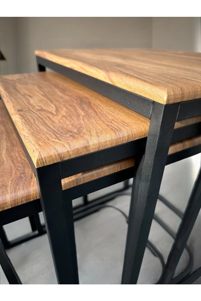 Kahverengi 3lü Zigon Sehpa Mdf Mebran Hazır Kurulu Sehpa Takımı - Resim 3