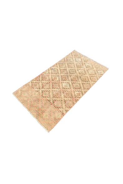 EL DOKUMA ESKİTME KÜÇÜK HALI 70X130 KREM PEMBE %100 YÜN HALI - Resim 2