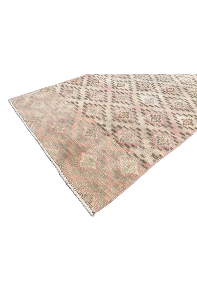 EL DOKUMA ESKİTME KÜÇÜK HALI 70X130 KREM PEMBE %100 YÜN HALI - Resim 5