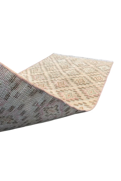 EL DOKUMA ESKİTME KÜÇÜK HALI 70X130 KREM PEMBE %100 YÜN HALI - Resim 8