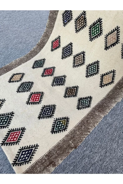El Dokuma 66x107 Baklava Dilimli Dekoratif Pamuk Yün Kilim ! - 5