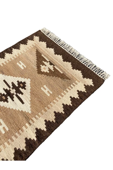 El Dokuma Dekoratif Kilim 64x90 Kahve Krem %100 Yün Kök Boya Kilim - Resim 4