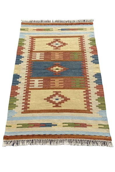 El Dokuması Dekoratif %100 Yün Kilim 80x125 Krem Turkuaz Kilim ürün görseli