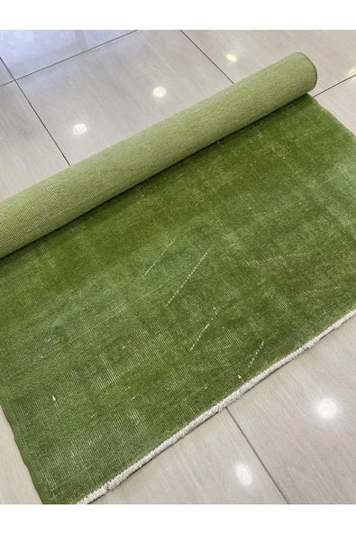 El Dokuma Düz Yeşil Eskitme Halı 120x223 Fıstık Yeşili Yün Halı - 8