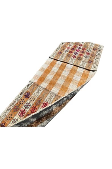 EL DOKUMA ANTİKA HEYBE 58X157 TURUNCU BEYAZ DEKORATİF AT HEYBESİ - Resim 5