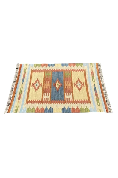El Dokuması Dekoratif %100 Yün Kilim 80x125 Krem Turkuaz Kilim - Resim 2