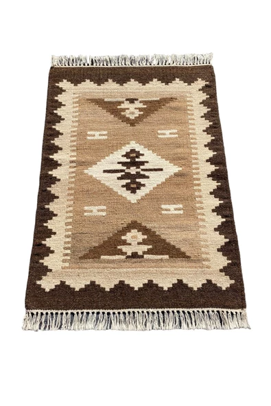 El Dokuma Dekoratif Kilim 64x90 Kahve Krem %100 Yün Kök Boya Kilim ürün görseli