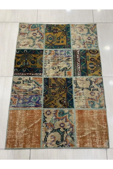 El Dokuma Patchwork Halı 83x118 Renkli Yamalı Yün Küçük Hal !