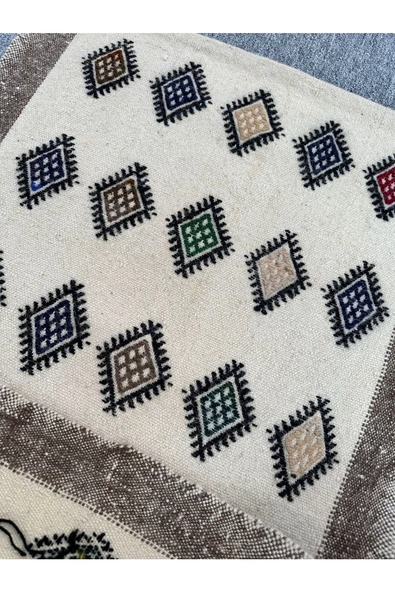 El Dokuma 66x107 Baklava Dilimli Dekoratif Pamuk Yün Kilim ! - 4