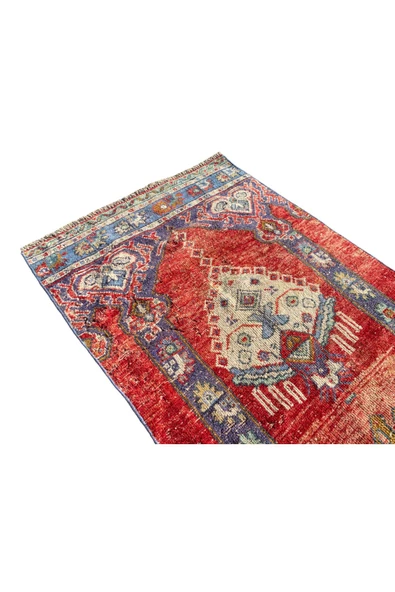 EL DOKUMASI ESKİTME SECCADE 70X150 KIRMIZI MAVİ %100 YÜN NAMAZLIK ! - 3