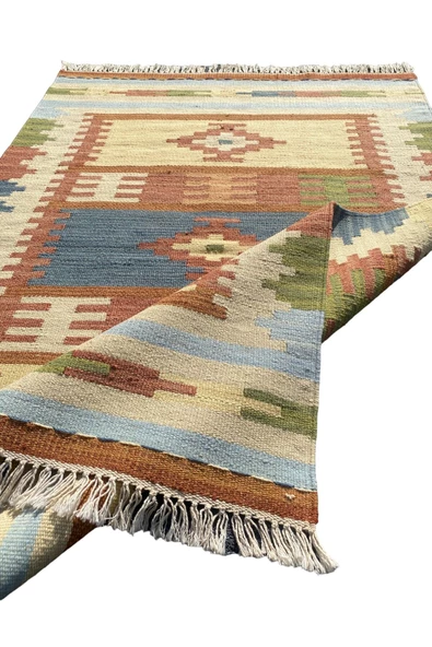 El Dokuması Dekoratif %100 Yün Kilim 80x125 Krem Turkuaz Kilim - Resim 4