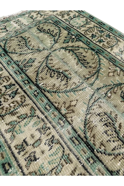 El Dokuma Eskitme Halı 82x272 Vintage Yeşil %100 Yün Yolluk - Resim 3