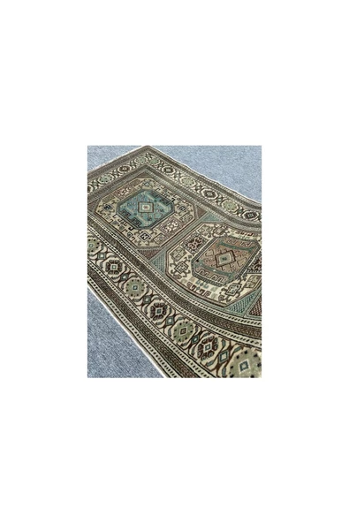 EL DOKUMA 95X190 ESKİTME BÜNYAN HALISI YEŞİL KREM %100 YÜN YOLLUK - Resim 7