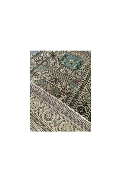 EL DOKUMA 95X190 ESKİTME BÜNYAN HALISI YEŞİL KREM %100 YÜN YOLLUK - Resim 6