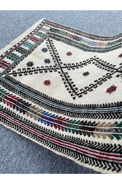 El Dokuması Dekoratif Kilim 80x110 Krem %100 Yün Kilim - Resim 8