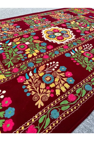 EL YAPIMI ÖZBEK SUZANİ İŞLEMELİ KUMAŞ 130X225 ÖZEL YAPIM İŞÇİLİKLİ KUMAŞ HALI - Resim 3