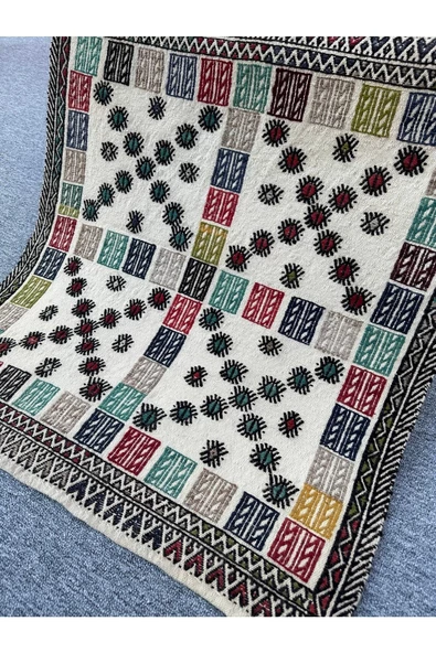 El Dokuması Dekoratif Kilim 80x93 Renkli %100 Yün Kilim - Resim 7