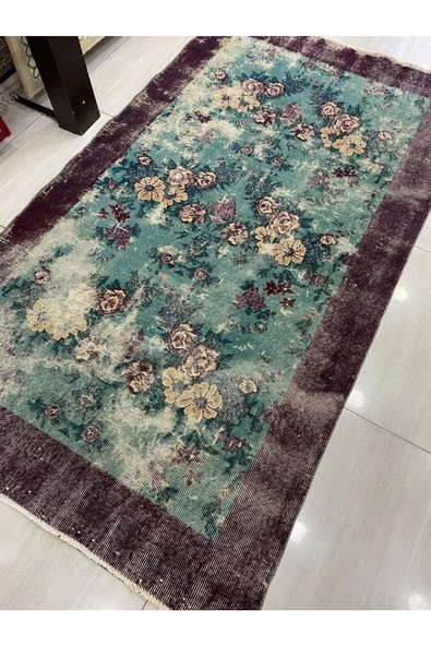 El Dokuma Eskitme 114x210 Su Yeşili Mor %100 Yün Vintage Halı ! - Resim 3