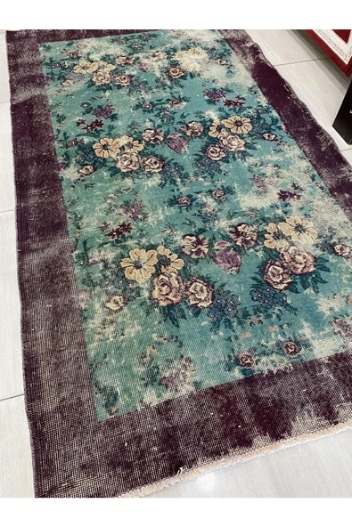 El Dokuma Eskitme 114x210 Su Yeşili Mor %100 Yün Vintage Halı ! - Resim 4