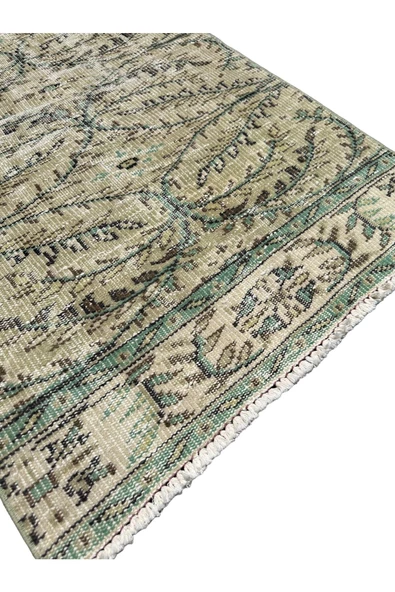 El Dokuma Vintage Yeşil Yolluk 80x270 Yeşil Beyaz Eskitme %100 Yün Halı - 2