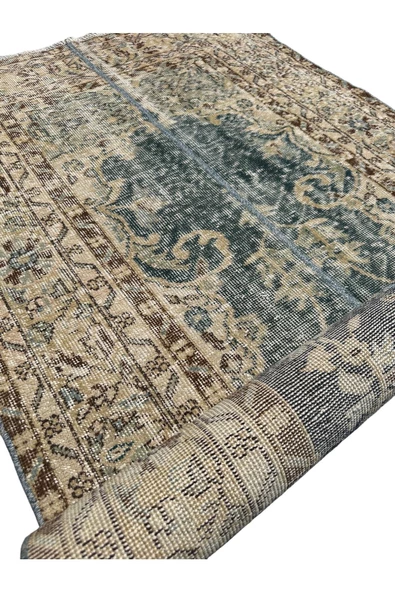 El Dokuma Vintage Halı 112x315 Su Yeşili Büyük Eskitme Retro Yolluk - Resim 8