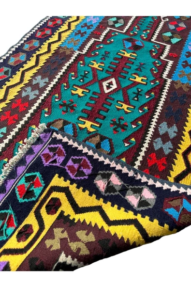 El Dokuma Kilim Seccade 100x190 Renkli Mor %100 Yün Kilim - 8