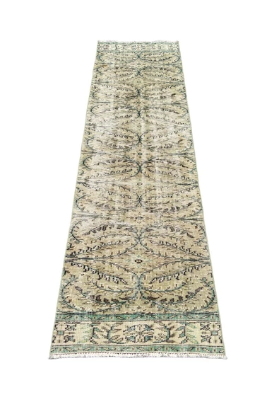 El Dokuma Vintage Yeşil Yolluk 80x270 Yeşil Beyaz Eskitme %100 Yün Halı
