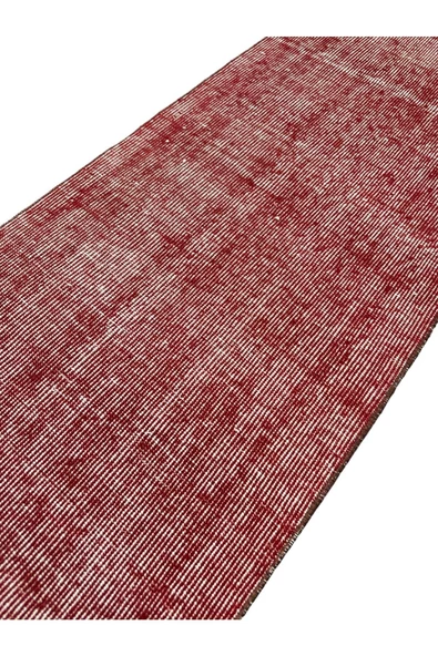 El Dokuma Vintage Kırmızı Yolluk 55x300 Düz Renk Eskitme %100 Yün Halı - Resim 2