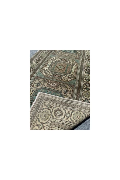 EL DOKUMA 95X190 ESKİTME BÜNYAN HALISI YEŞİL KREM %100 YÜN YOLLUK - Resim 3