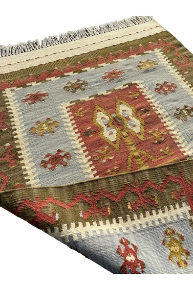 El Dokuması Kök Boya Dekoratif 85x120 Yeşil Turkuaz Kiremit Yün Kilim - Resim 8