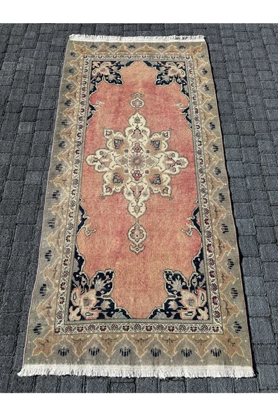 El Dokuma Eskitme Bünyan Halısı 94x200 Pastel Renk %100 Yün Kırmızı Yolluk ürün görseli