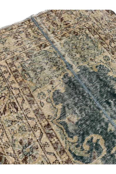 El Dokuma Vintage Halı 112x315 Su Yeşili Büyük Eskitme Retro Yolluk - Resim 4