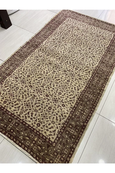 El Dokuma Yün Isparta Halısı 117x200 Eskitme Krem Vintage Halı - Resim 2