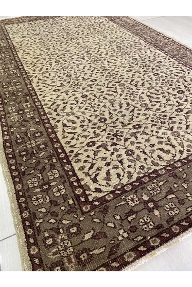 El Dokuma Yün Isparta Halısı 117x200 Eskitme Krem Vintage Halı - Resim 4