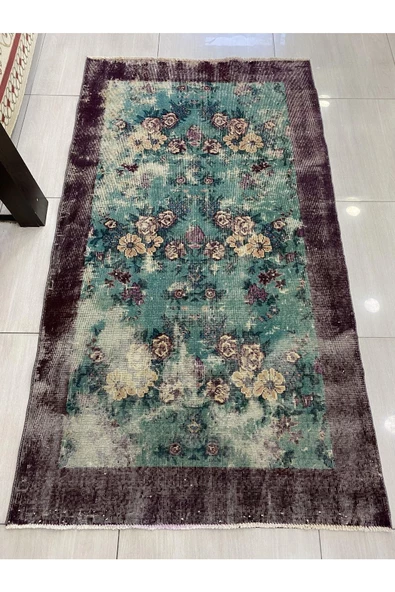 El Dokuma Eskitme 114x210 Su Yeşili Mor %100 Yün Vintage Halı ! - Resim 2