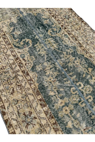 El Dokuma Vintage Halı 112x315 Su Yeşili Büyük Eskitme Retro Yolluk - Resim 2