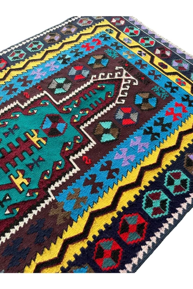 El Dokuma Kilim Seccade 100x190 Renkli Mor %100 Yün Kilim - 4