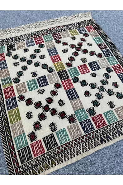 El Dokuması Dekoratif Kilim 80x93 Renkli %100 Yün Kilim - Resim 2