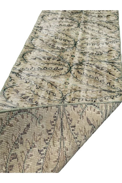 El Dokuma Vintage Yeşil Yolluk 80x270 Yeşil Beyaz Eskitme %100 Yün Halı - 8