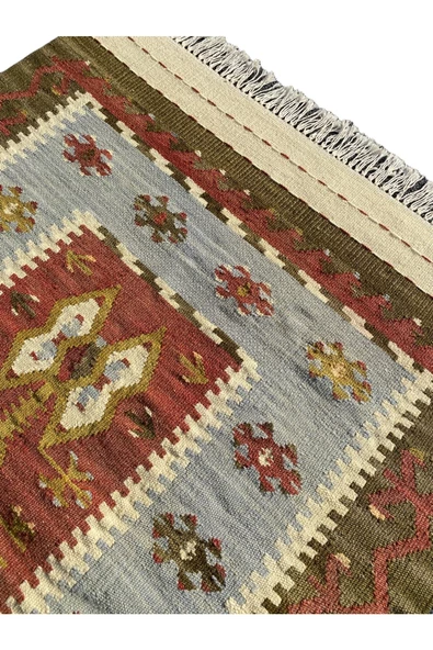 El Dokuması Kök Boya Dekoratif 85x120 Yeşil Turkuaz Kiremit Yün Kilim - Resim 5
